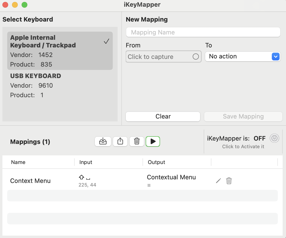 Mappings list with one mapping saved